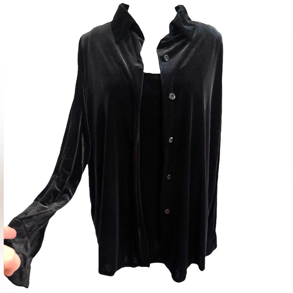 90s 2PCS BLACK PLUSH VELVETY BUTTON DOWN BLOUSE & SLEEVELESS TANK TOP SZ XL